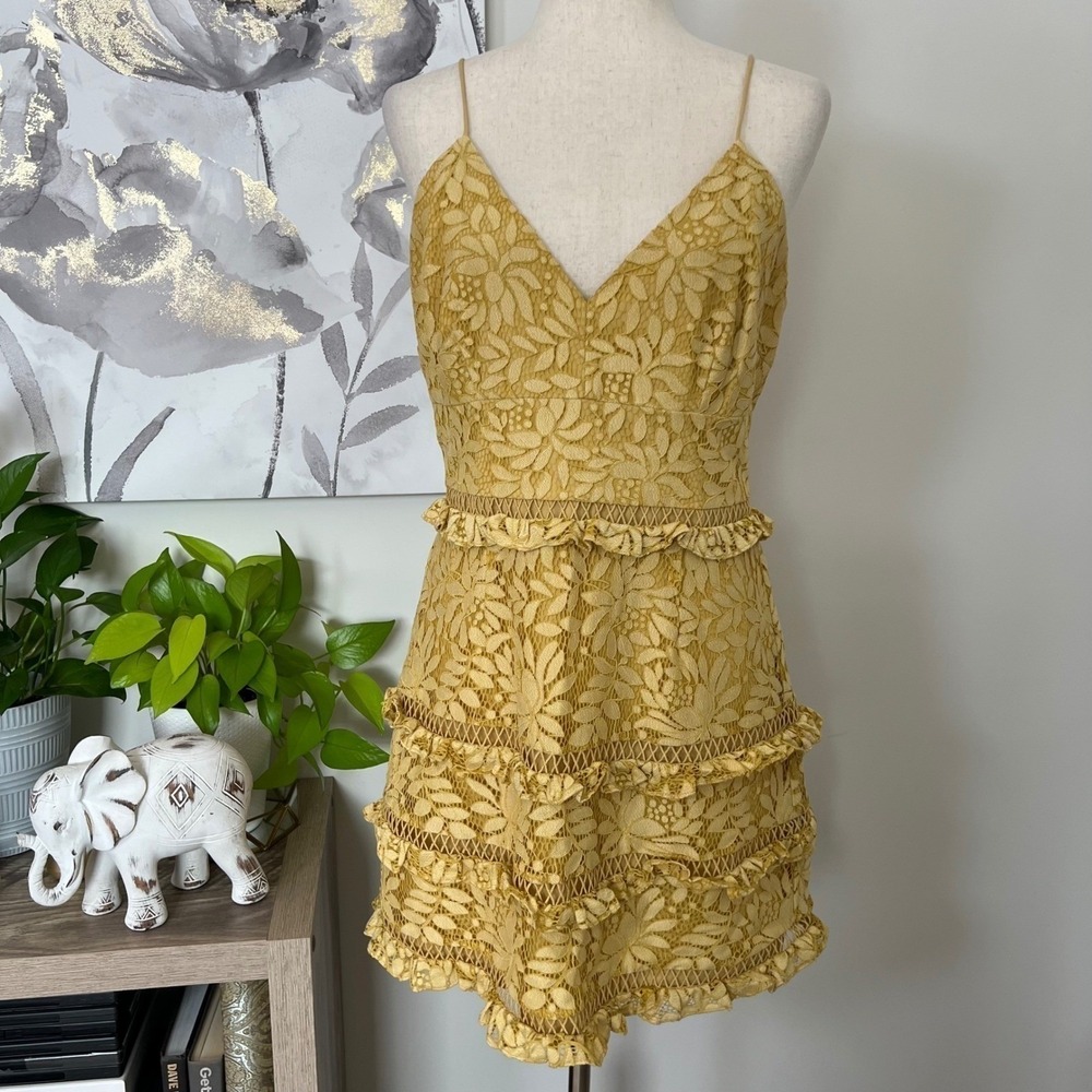 Keepsake The Label Yellow Floral Lace Mini Dress Size 8 Coquette Cottage Fairy